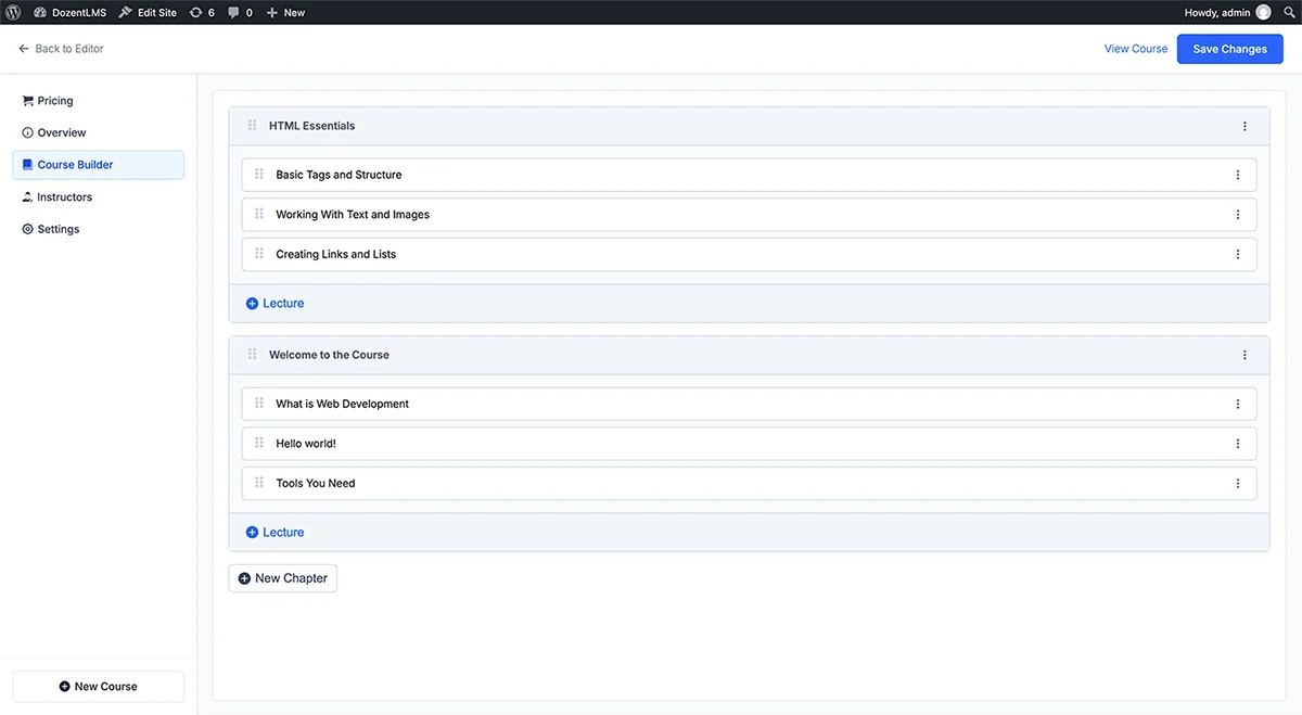 DozentLMS course builder showing chapters and lectures with drag handles, plus buttons to add new lectures and chapters.
