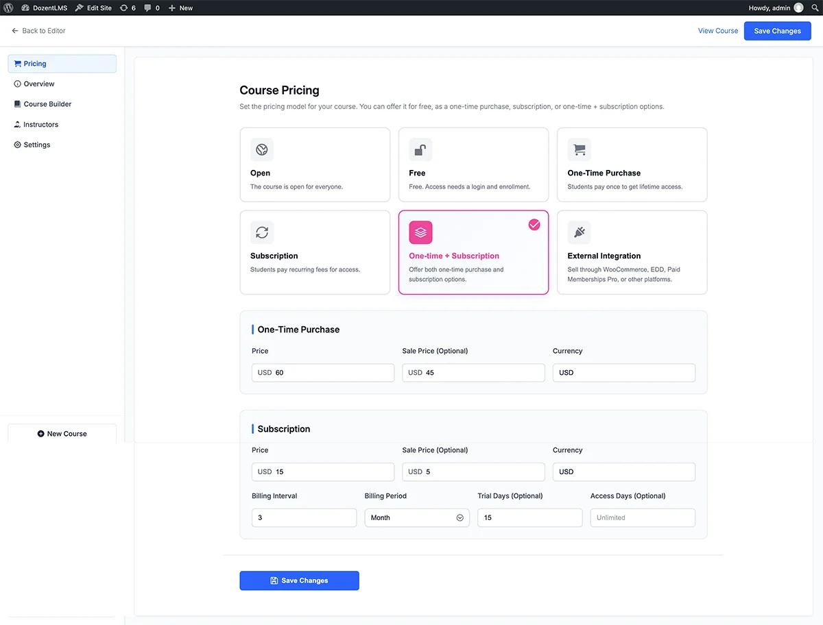 DozentLMS course pricing screen with options for free, one-time purchase, subscription, and external integration pricing.