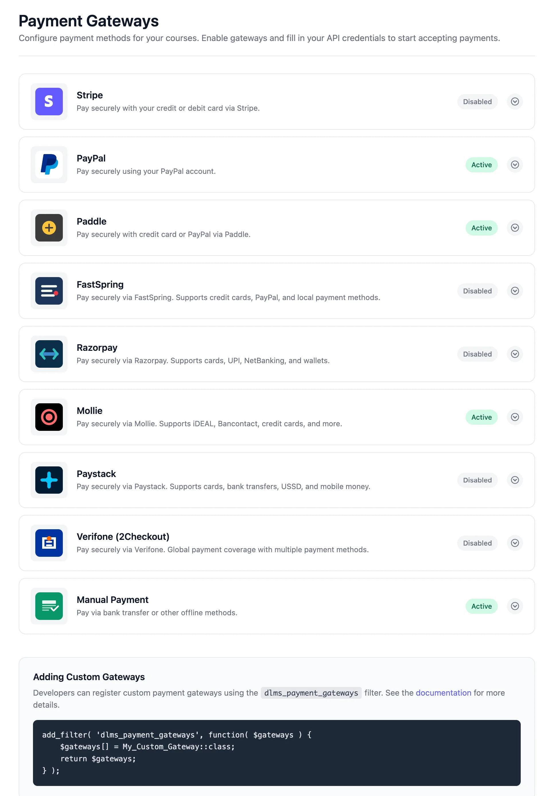 DozentLMS payment gateway settings listing Stripe, PayPal, Paddle, FastSpring, Razorpay, Mollie, Paystack, Verifone, and Manual Payment.