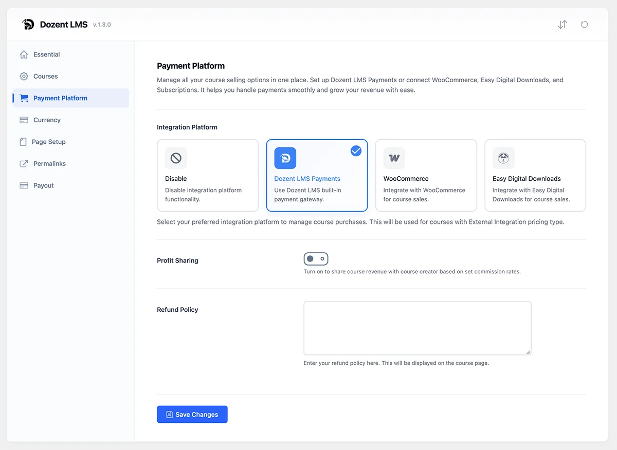 DozentLMS Payment Platform settings with integration choices for Dozent LMS Payments, WooCommerce, and Easy Digital Downloads.